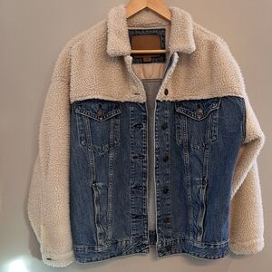 American Eagle Oversized Denim Jacket with Cream Sherpa Trim